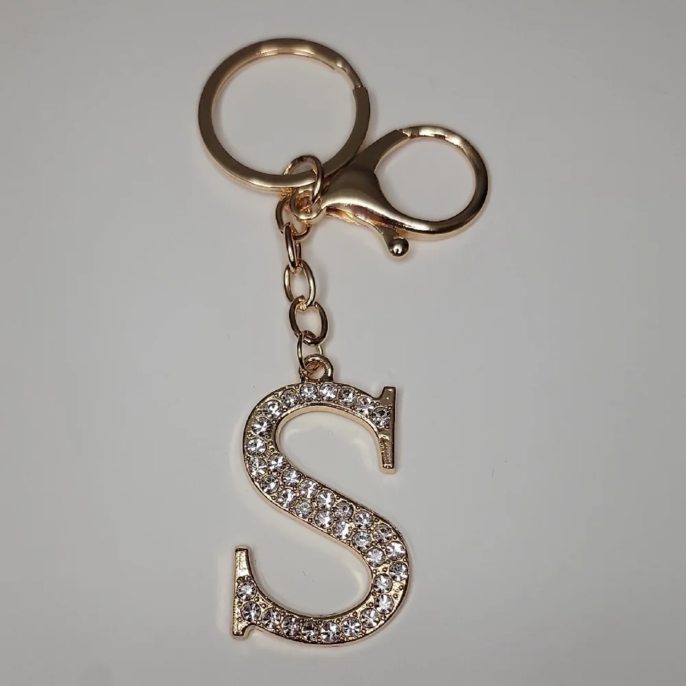 Letter S Initial S Alphabet S Rhinestone Gold Key Chain Bag Charm - Picture 7 of 7